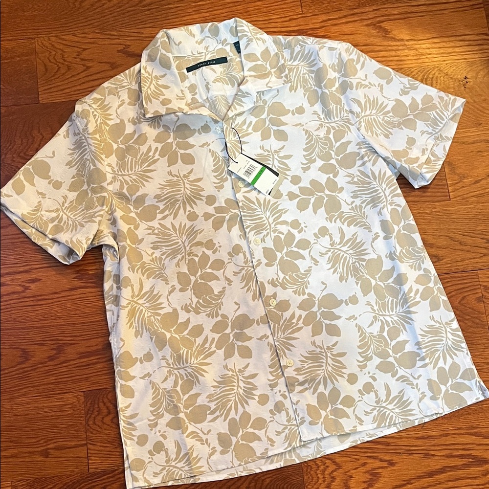 Men's Perry Ellis Short Sleeve Beige Leaf Print Dress Shirt Size L